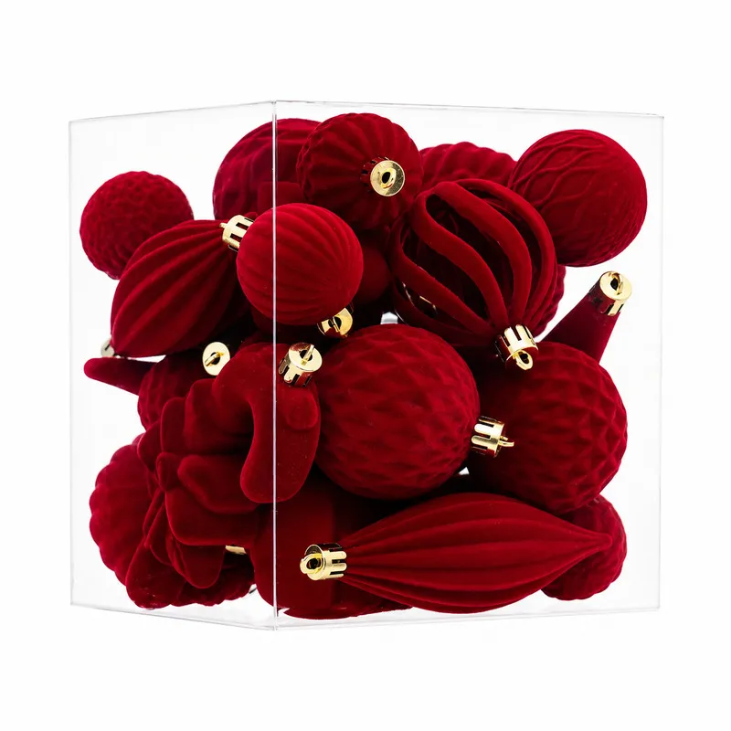 Set Ornamente Catifelate de Craciun / Rosu - 28P.