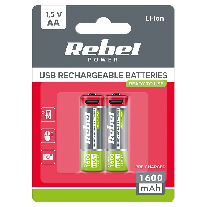 Acumulatori Li-Ion AA R6 1600MAH USB-C Blister 2 Rebel