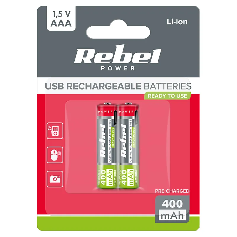 Acumulatori Li-Ion AAA R3 400MAH USB-C Blister 2 Rebel