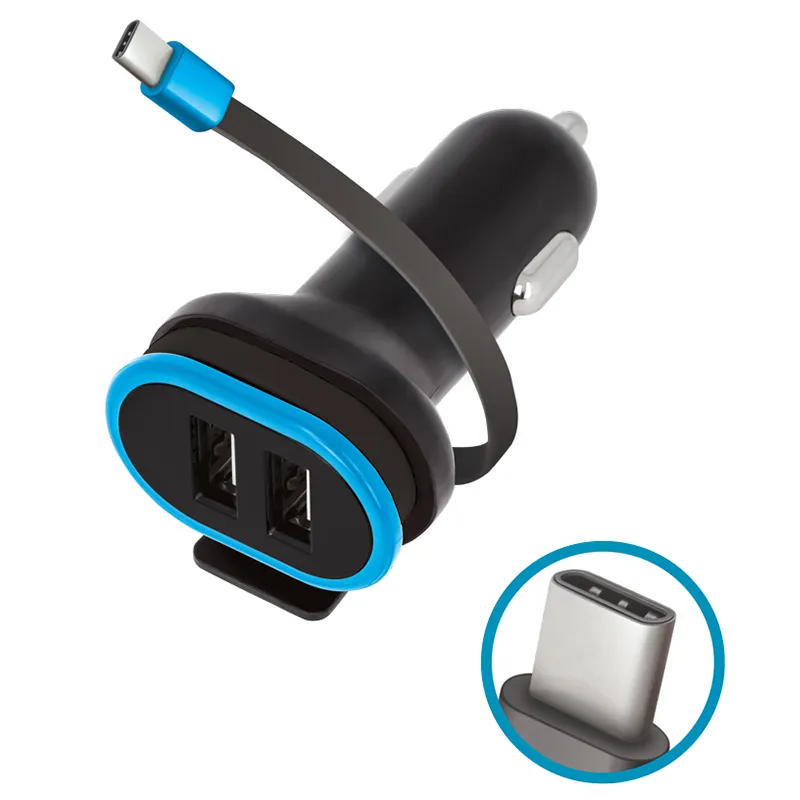 Incarcator Auto 3A cu 2XUSB A + Cablu USB-C 0.2M