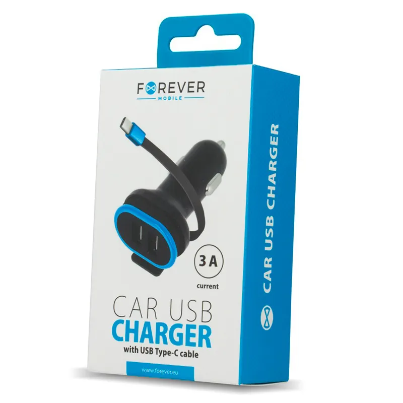 Incarcator Auto 3A cu 2XUSB A + Cablu USB-C 0.2M