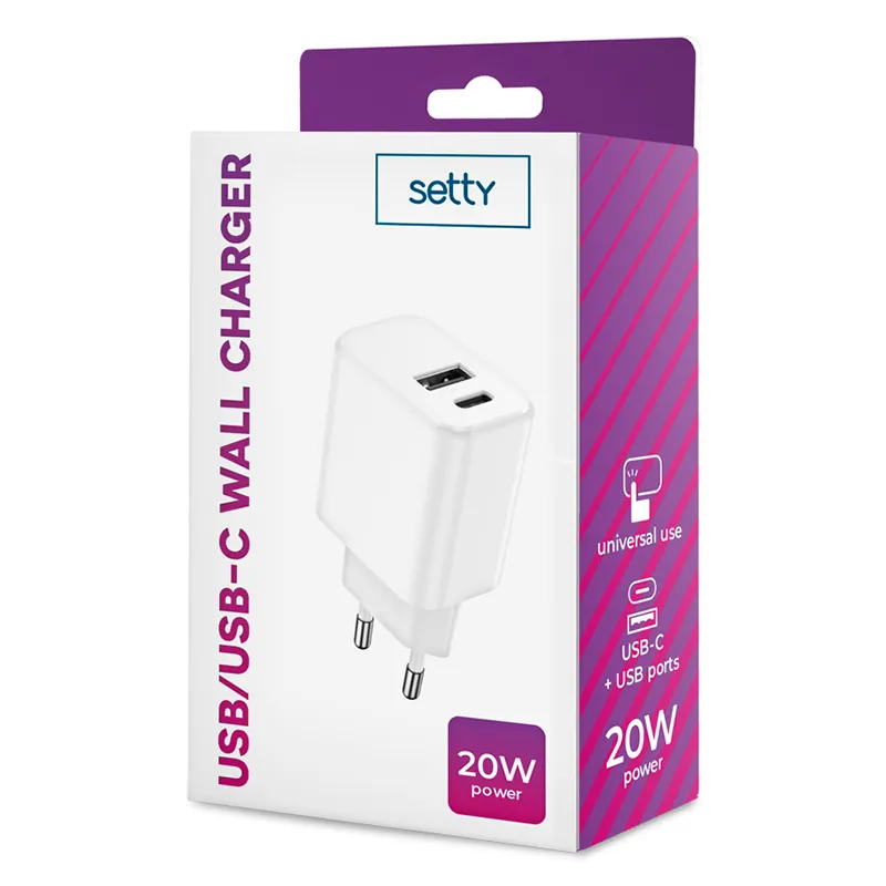Incarcator Retea USB-C +USB A Fast Charging 20W - Alb