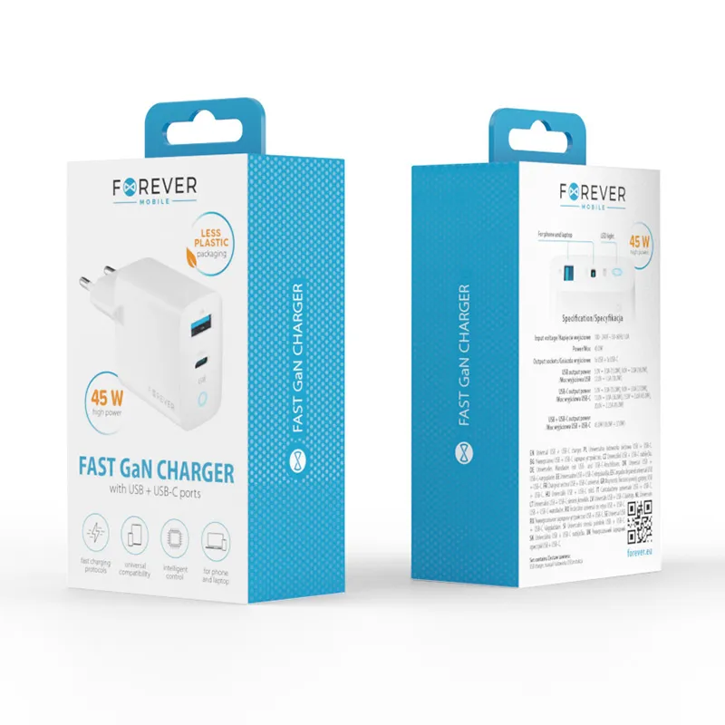 Incarcator Retea USB-C + USB A Fast Charging 45W - Alb