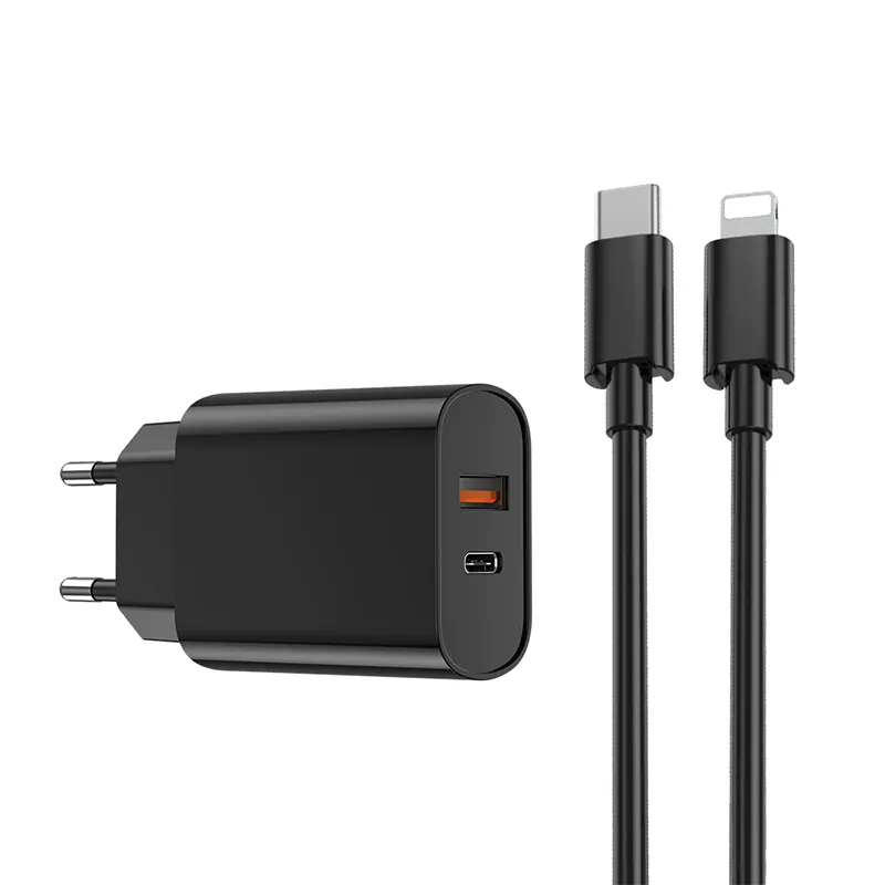 Incarcator Retea USB + USB-C PD QC 20W + Cablu Lightning -Negru