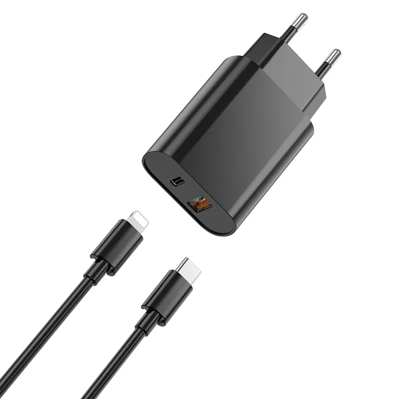 Incarcator Retea USB + USB-C PD QC 20W + Cablu Lightning -Negru