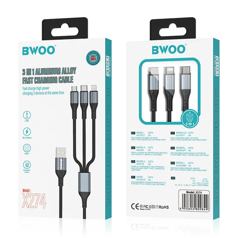 Cablu 3A 3IN1 USB la USB-C - Lightning - Micro USB