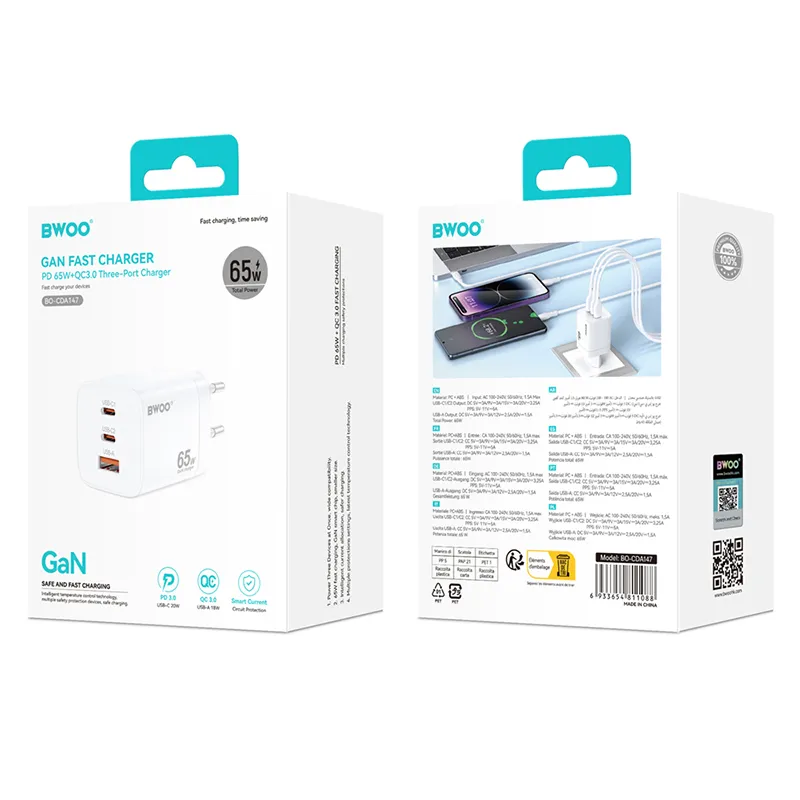 Incarcator Retea PD+QC 2XUSB-C + USB-A 3.0 PD 2.4A 65W - Alb