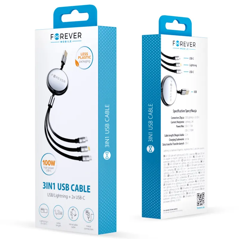 Cablu 3IN1 USB - Lightning + 2 X USB-C 1.2M - Negru