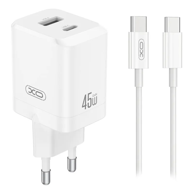 Incarcator Retea PD 45W 3A 1X USB 1 X USB-C + Cablu USB-C 1M - Alb