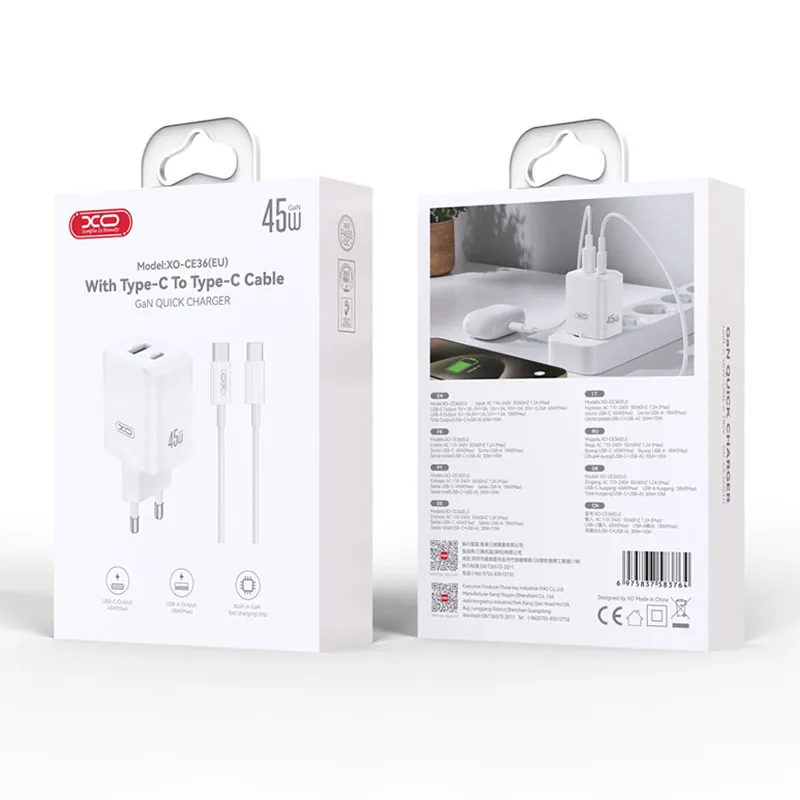 Incarcator Retea PD 45W 3A 1X USB 1 X USB-C + Cablu USB-C 1M - Alb