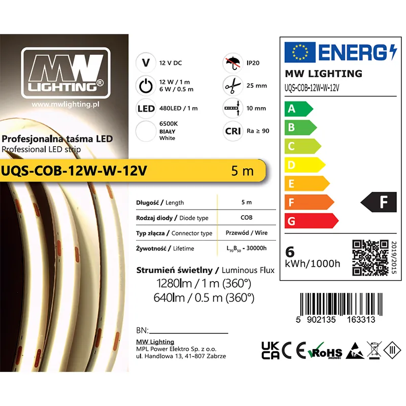 Banda LED Cob 12W 12V 6500K 5M