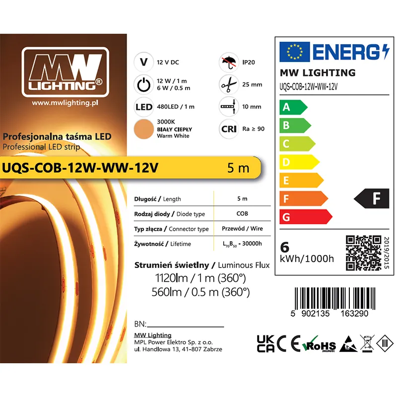 Banda LED Cob 12W 12V 3000K 5M