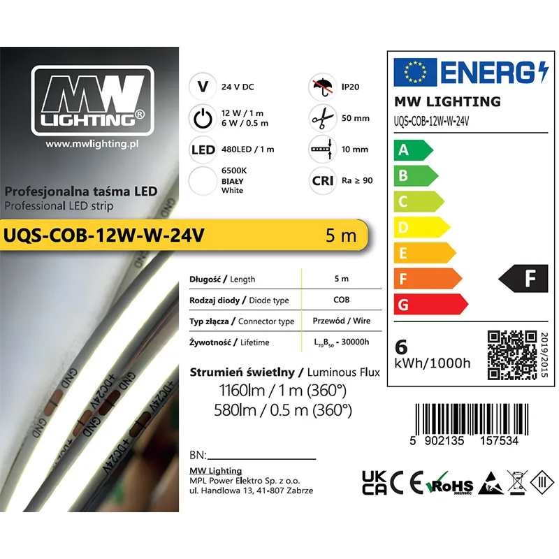 Banda LED Cob 12W 24V 6500K 5M