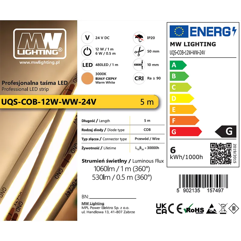 Banda LED Cob 12W 24V 3000K 5M