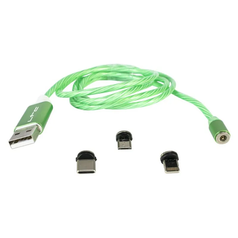 Cablu 1M 3IN1 Tip C/Iphone/Micro USB Iluminat LED Verde