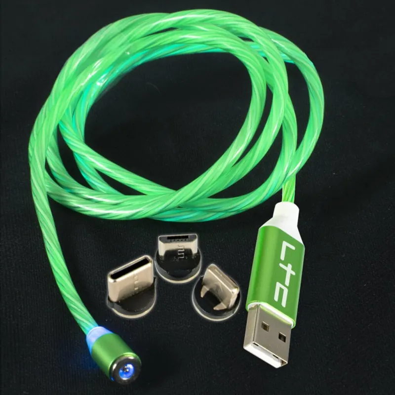 Cablu 1M 3IN1 Tip C/Iphone/Micro USB Iluminat LED Verde