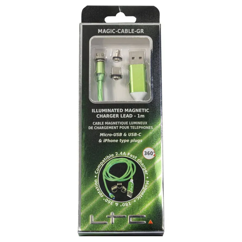 Cablu 1M 3IN1 Tip C/Iphone/Micro USB Iluminat LED Verde