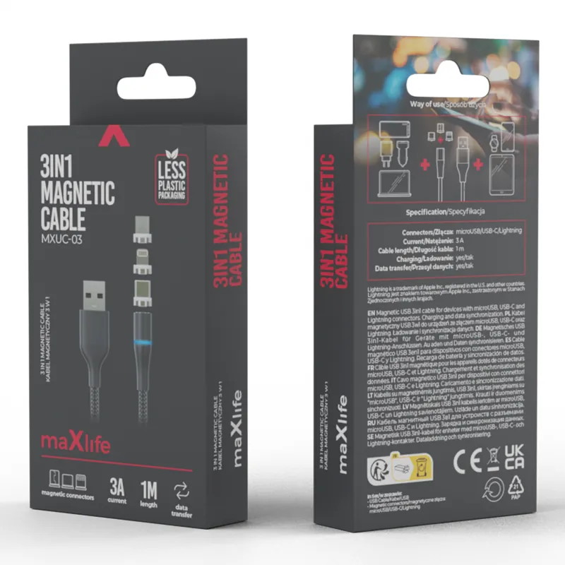 Cablu Magnetic 3IN1 USB-C/Lightning/Micro USB 1M 3A - Negru