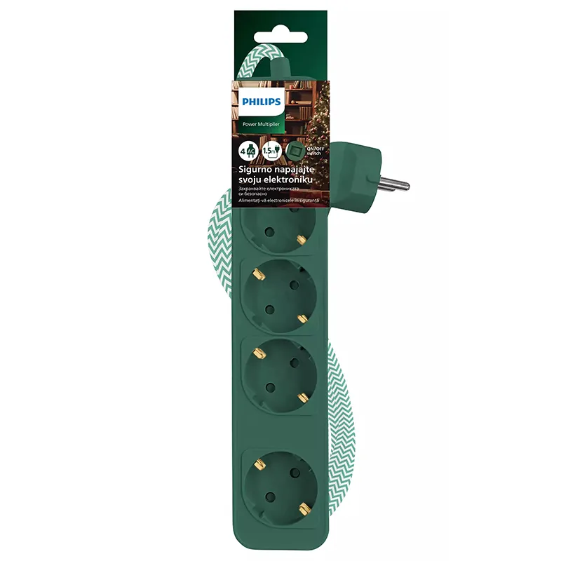 Prelungitor cu Intrerupator 4 Cai 1.5M Verde Philips