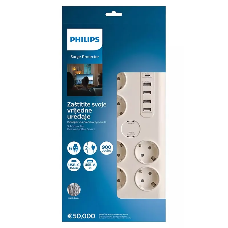 Prelungitor Surge Protector 6 Prize 2M 5 X USB Philips