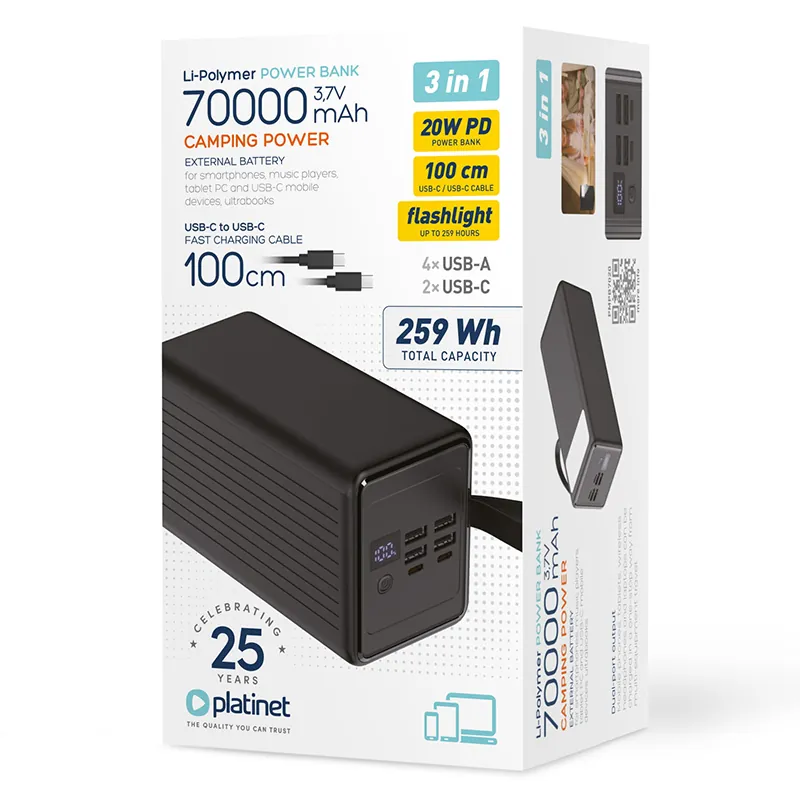 Power Bank 70000MAH Pd 20W 4 USB-A / 2 USB-C Platinet