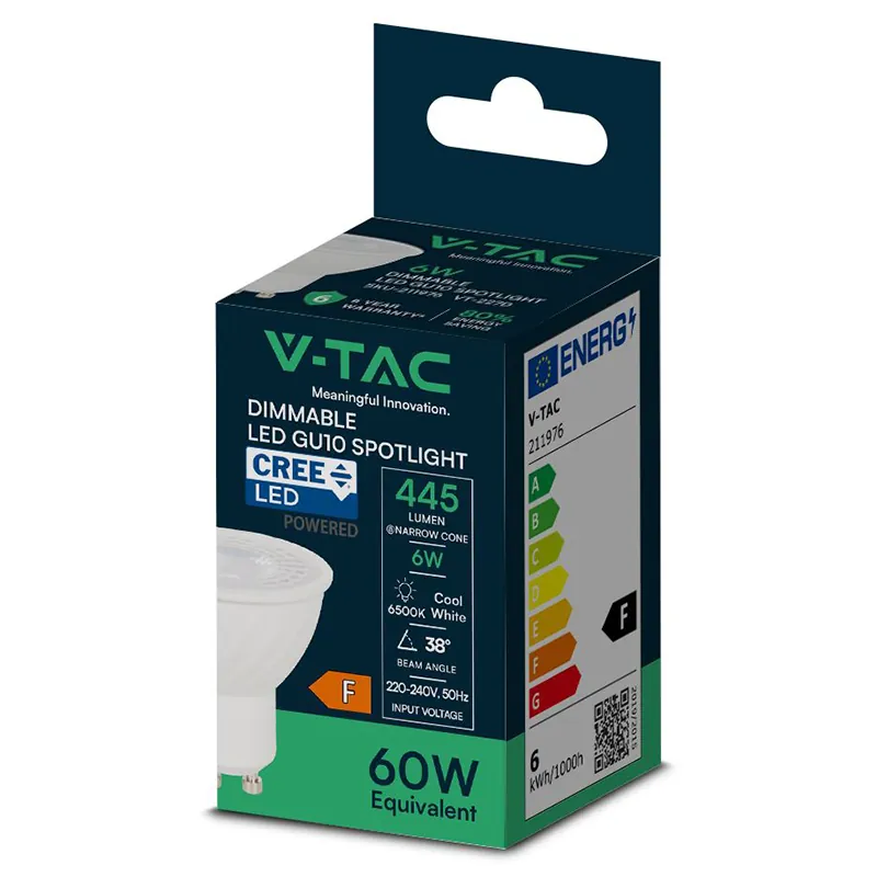 Bec Spot LED GU10 6W 38' Dimabil 6500K Alb Rece, Cip Cree