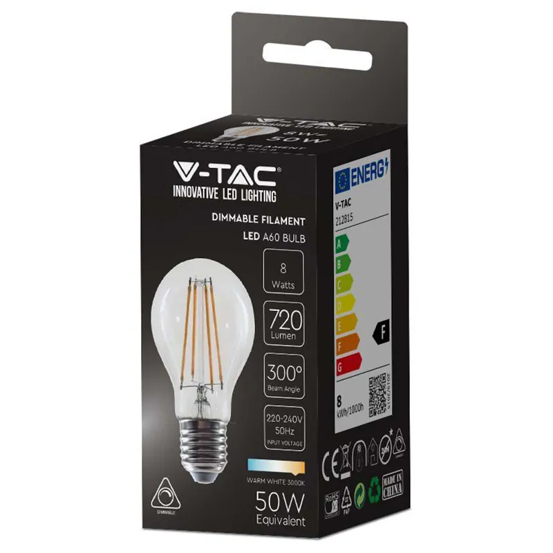 Bec E27 A60 cu Filament Dimabil LED 8W 3000K Alb Cald