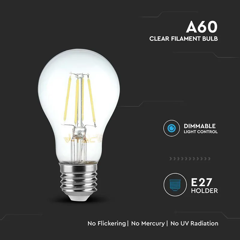Bec E27 A60 cu Filament Dimabil LED 8W 3000K Alb Cald