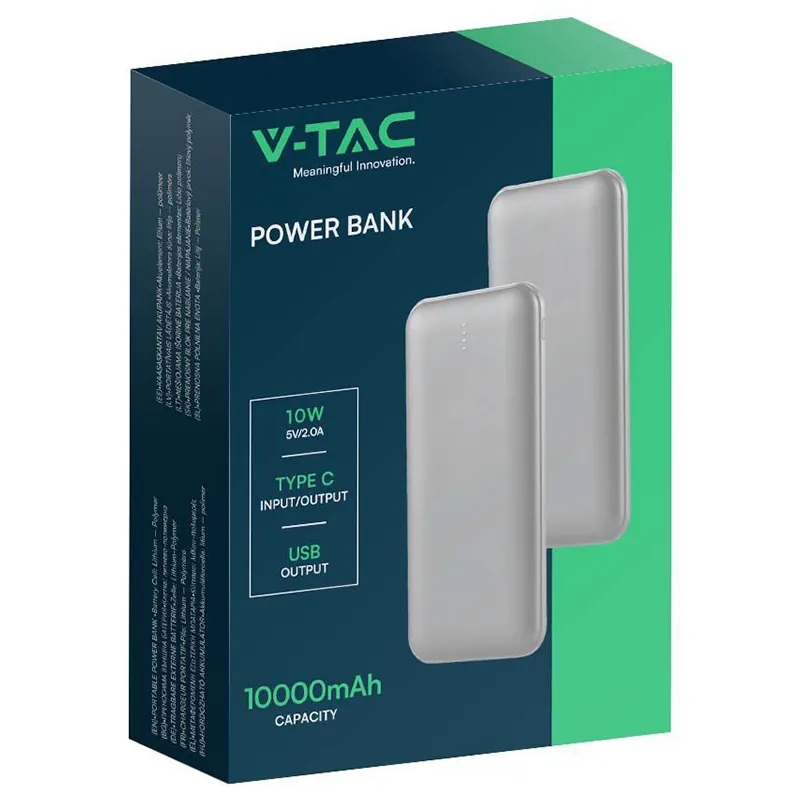 Power Bank 10000MAH cu Cablu 30CM Tip C  -  Argintiu