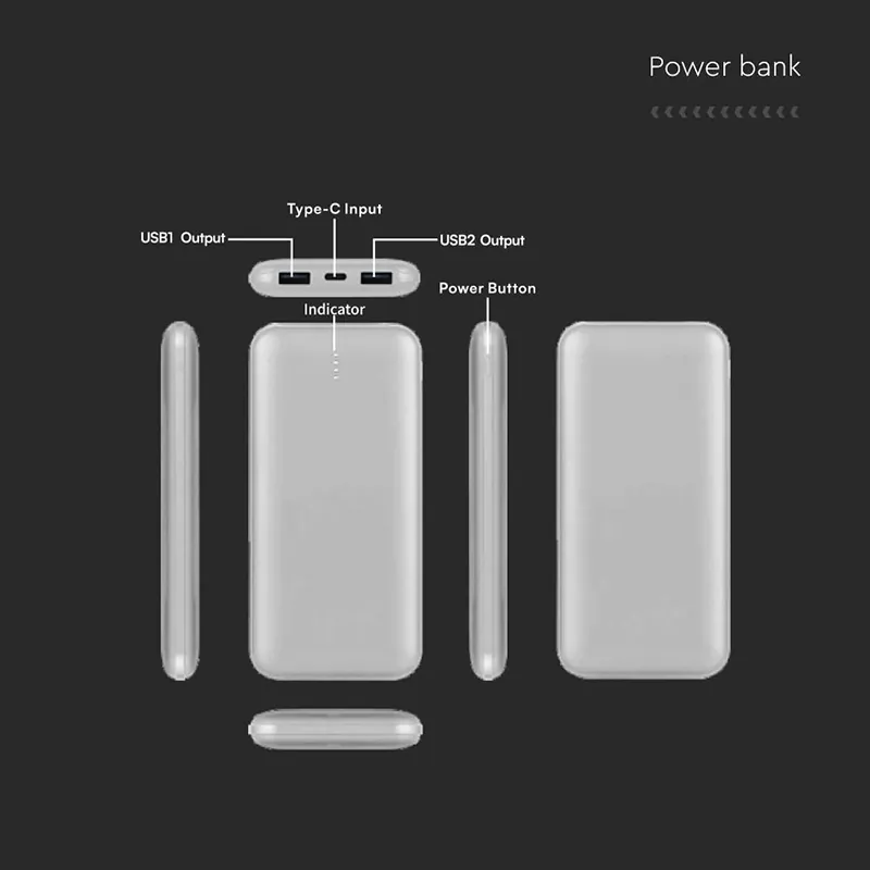 Power Bank 10000MAH cu Cablu 30CM Tip C  -  Argintiu
