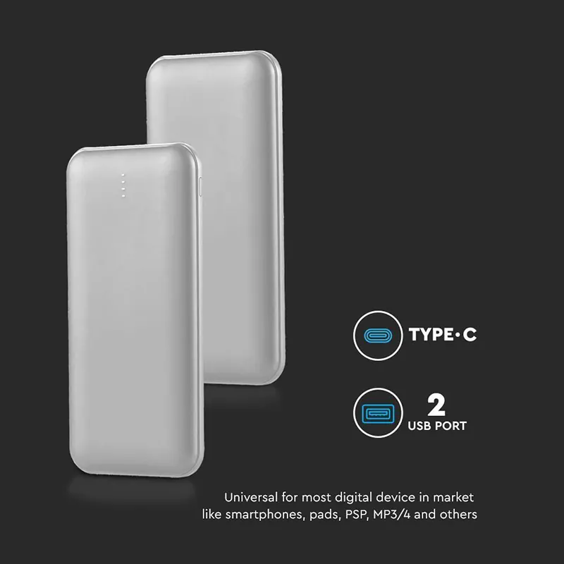 Power Bank 10000MAH cu Cablu 30CM Tip C  -  Argintiu