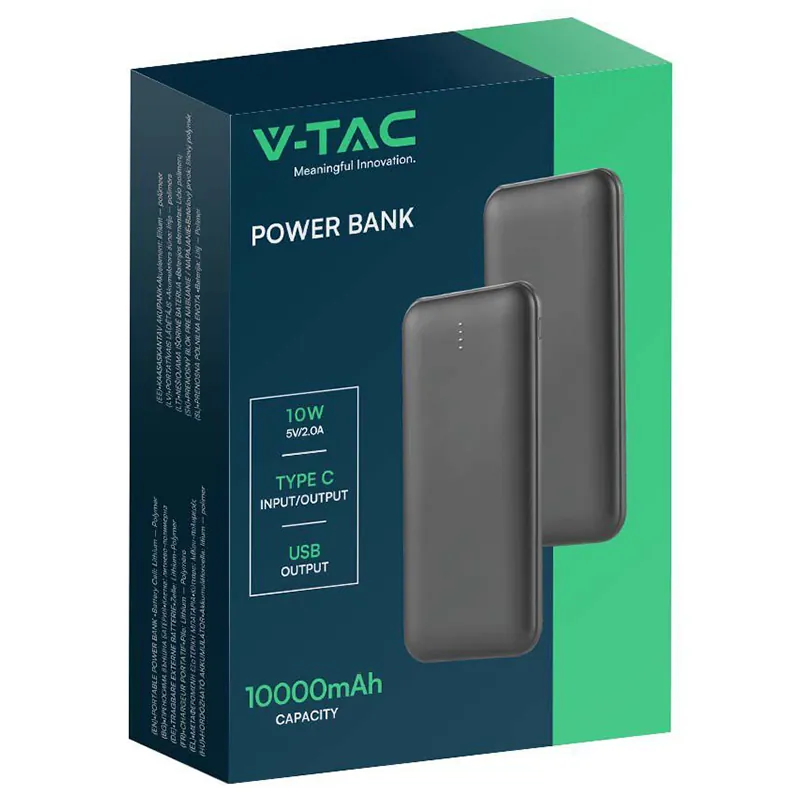 Power Bank 10000MAH cu Cablu 30CM Tip C  -  Negru