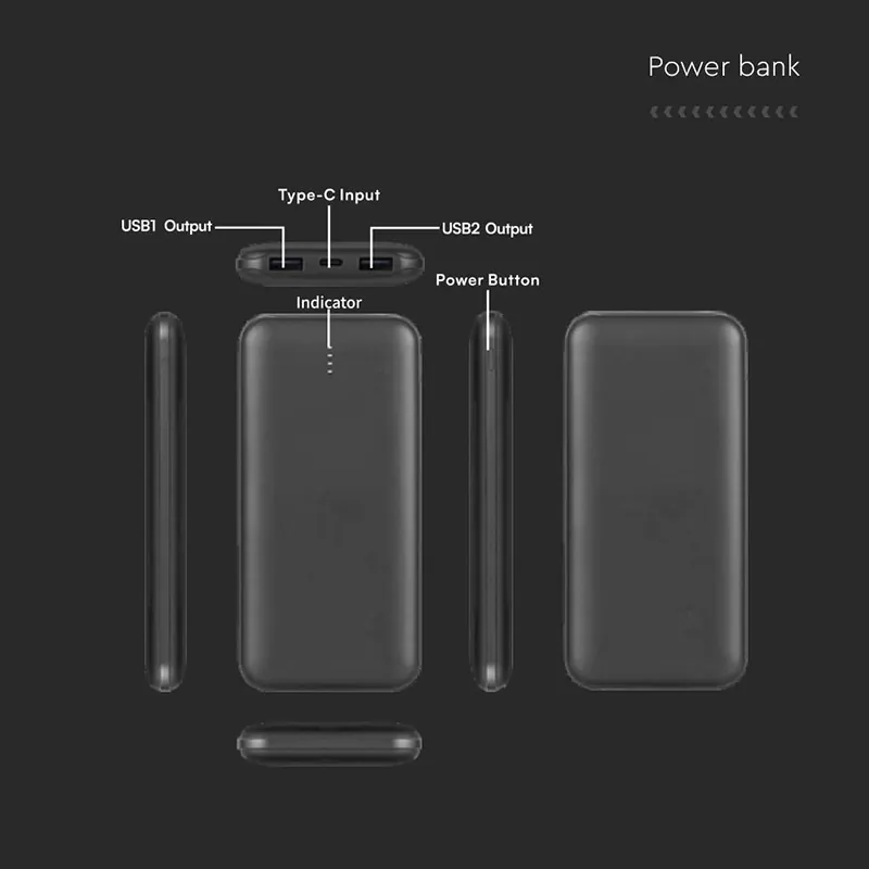 Power Bank 10000MAH cu Cablu 30CM Tip C  -  Negru