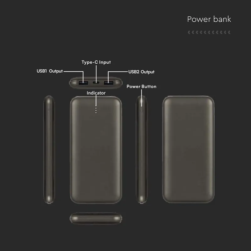 Power Bank 10000MAH cu Cablu 30CM Tip C  -  Gri Antracit