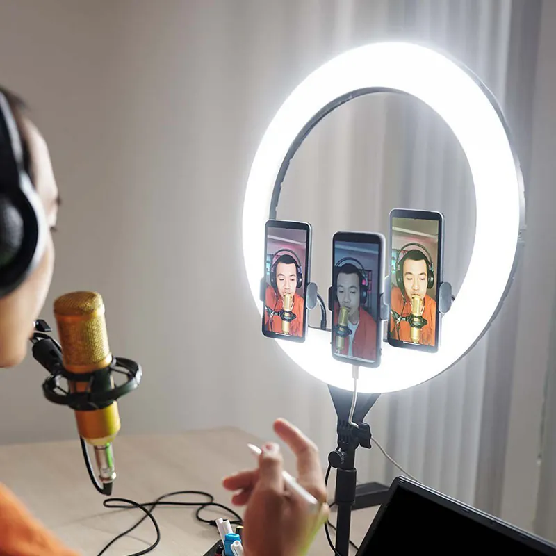 Selfie Ring Light 55W cu Trepied si Suport 3 Telefoane