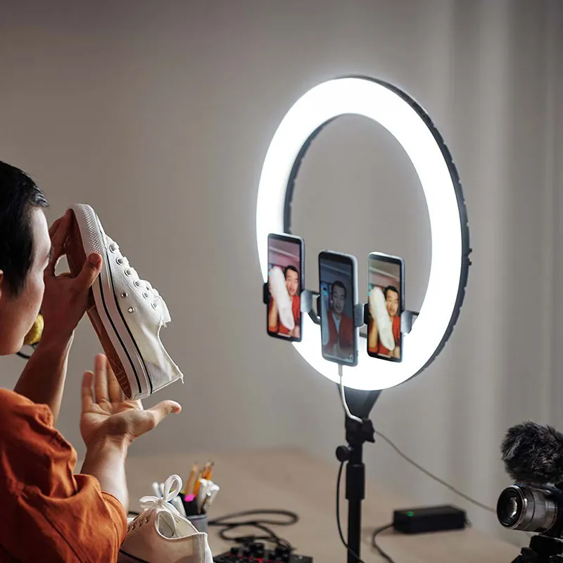 Selfie Ring Light 55W cu Trepied si Suport 3 Telefoane