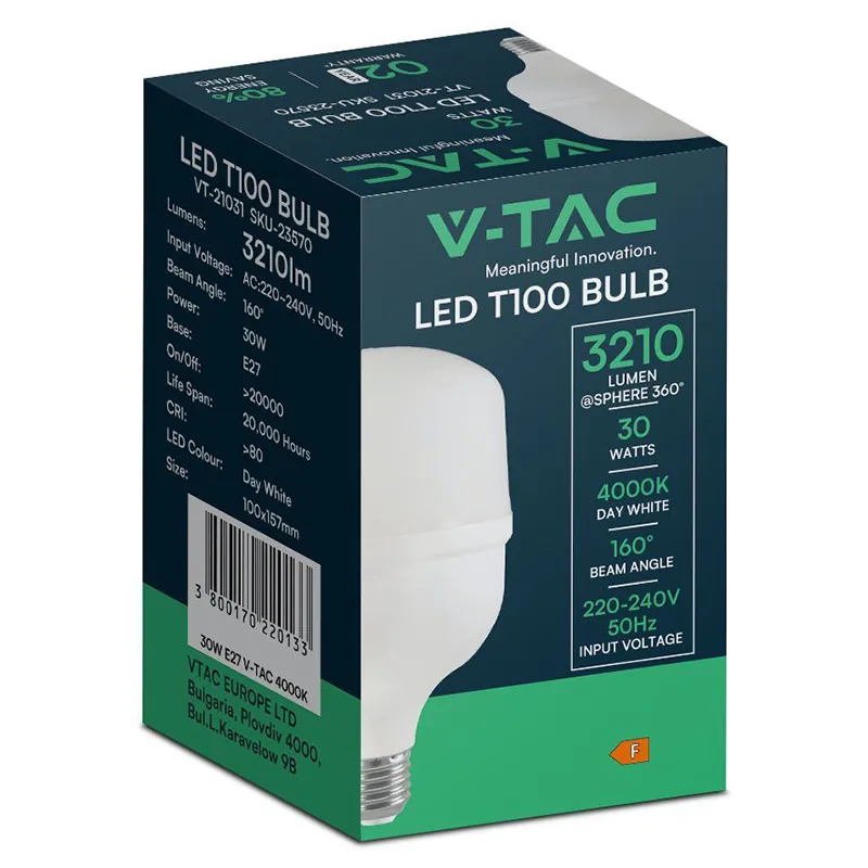Bec LED T100 E27 30W 6500K Alb Rece