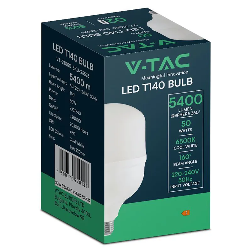 Bec LED T140 E27/E40 50W 6500K Alb Rece