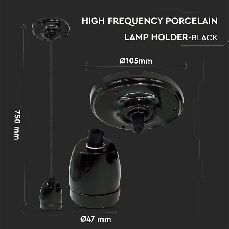 Pendul Tavan Portelan Soclu E27 - Negru