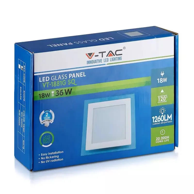 Panou LED Patrat Incorporabil 18W 6400K Alb Rece, Sticla