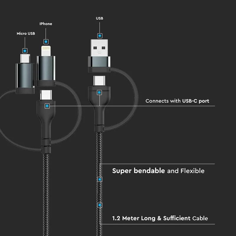 Cablu 5IN1 Tip C - Microusb - USB - Lightning 1.2M