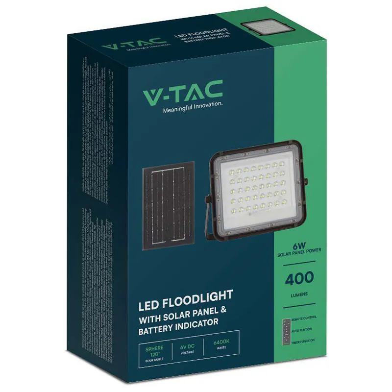 Reflector cu Incarcare Solara 6W 400LM 6400K - Negru
