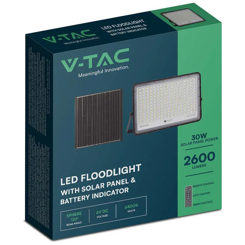 Reflector cu Incarcare Solara 30W 2300LM 6400K - Negru