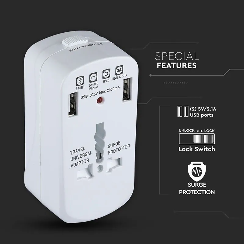Adaptor Universal Priza (Uk,Us,EU) cu Protectie si 2USB 2.1A