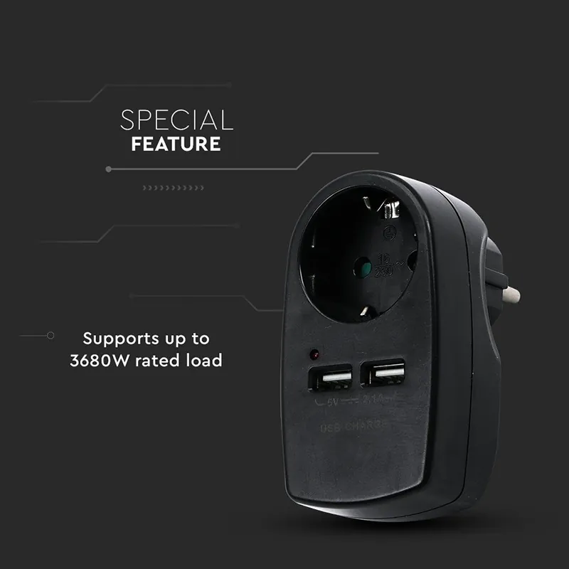 Adaptor Priza 16A 3680W + 2USB 2.1A - Negru