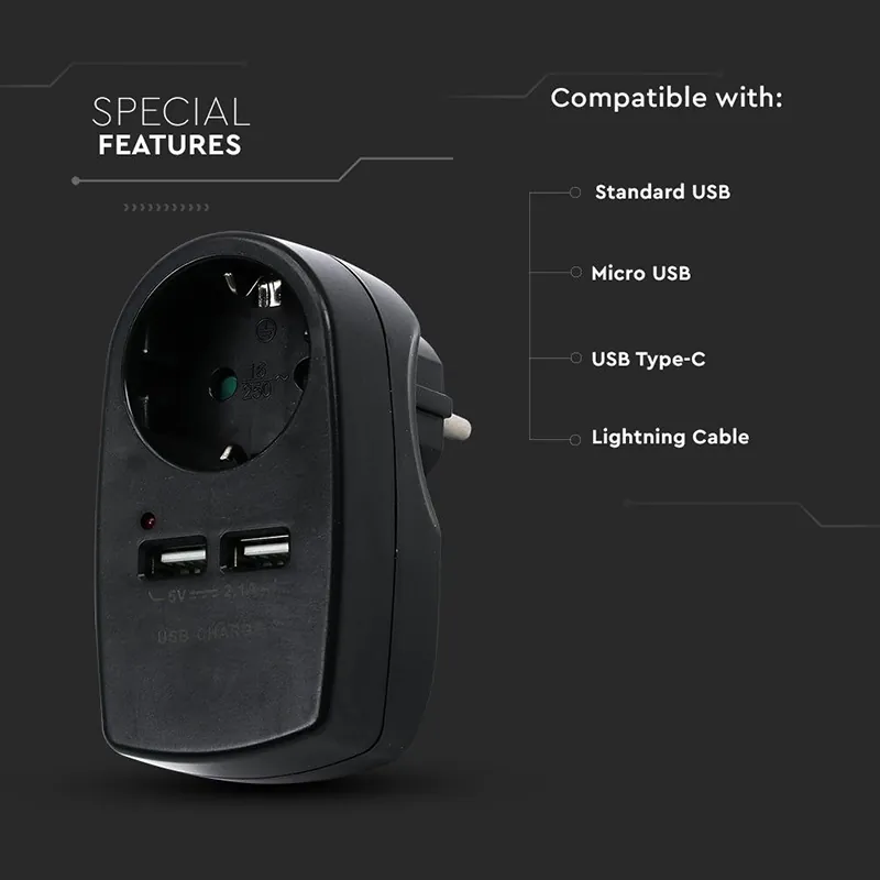 Adaptor Priza 16A 3680W + 2USB 2.1A - Negru