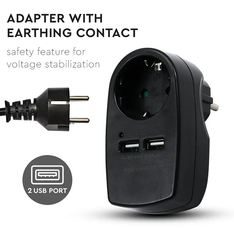 Adaptor Priza 16A 3680W + 2USB 2.1A - Negru