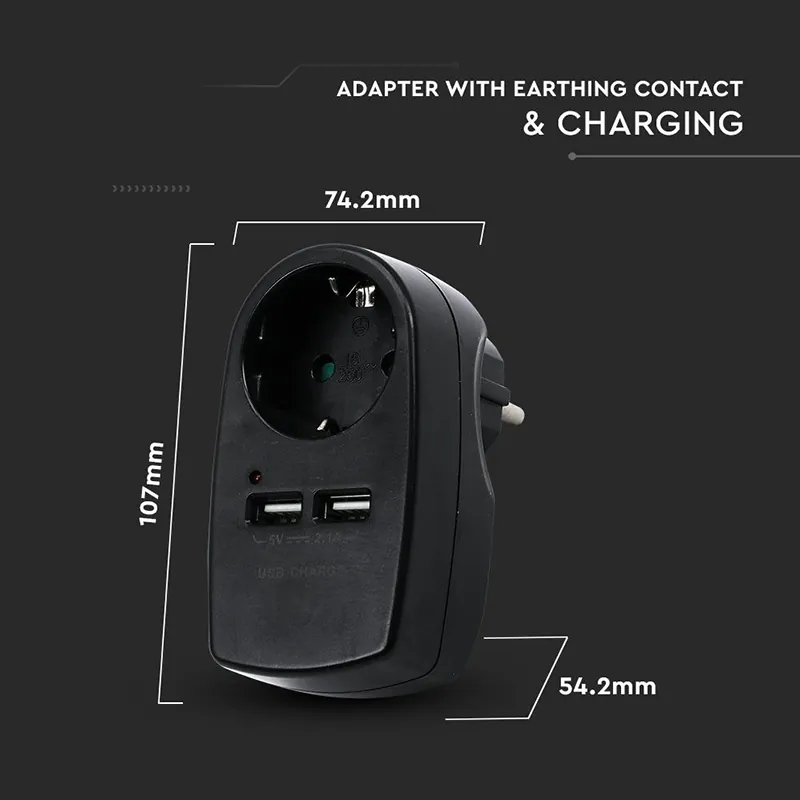 Adaptor Priza 16A 3680W + 2USB 2.1A - Negru