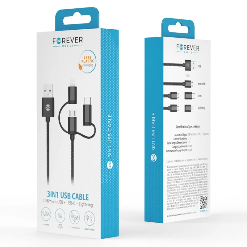 Cablu 3IN1 USB-Lightning-Ucb-C-Micro USB 1M 1.5A - Negru