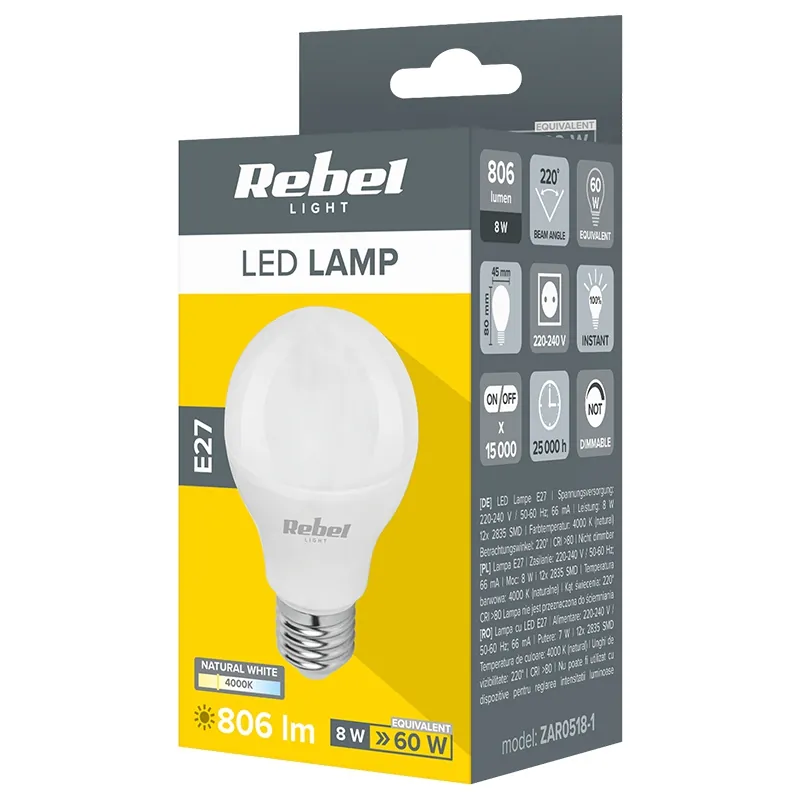 Bec LED G45 E27 8W 4000K 230V Rebel